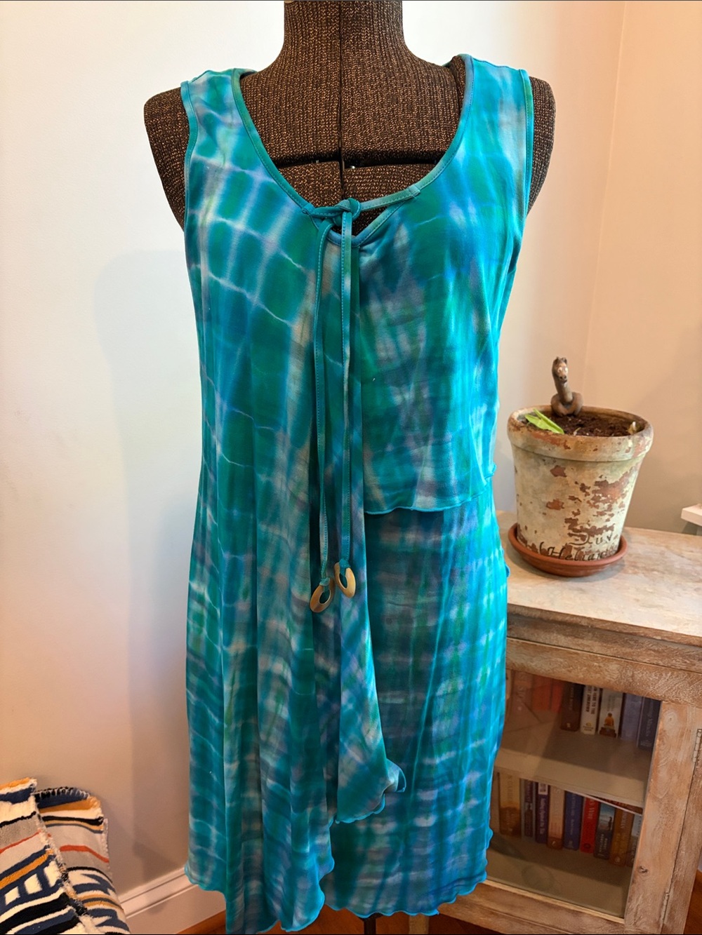 Zen-Knits Boho Sleeveless Tie-Dye Dress – Teal/Green/Blue – Size M